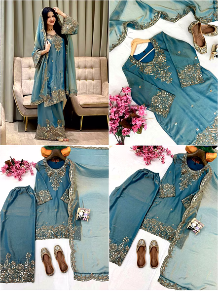 Cyan Moss Silk Kurti