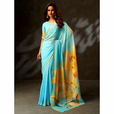 nitya tex digital print georgette saree with crochet work