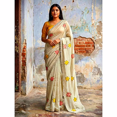 chitra tex beige rangoli silk saree with mirror work