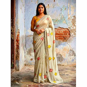 Beige Rangoli Silk saree with mirror work