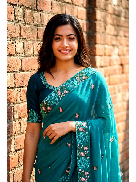 georgette saree cyan