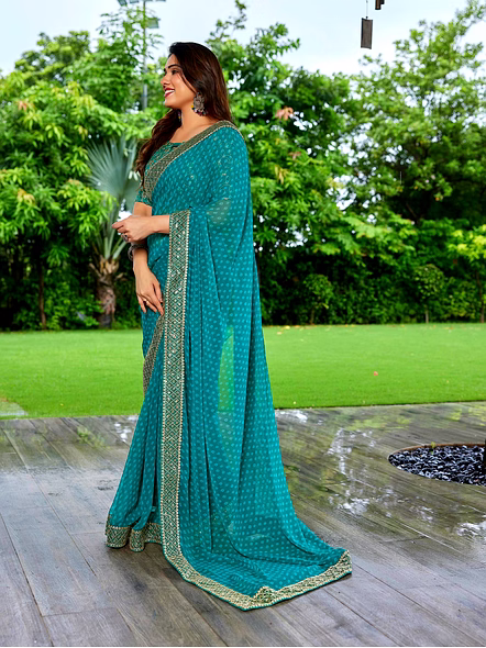 Cyan georgette saree printed