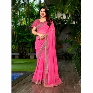 Bandhani Printed Georgette Saree With Embroidered Border
