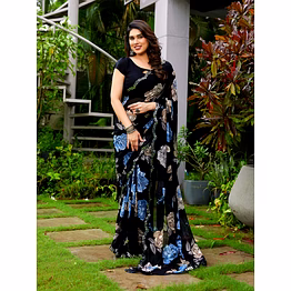 floral printed georgette saree with real mirror lace border