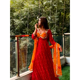 riya tex red georgette top with mirror work