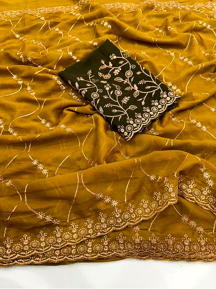 Brown georgette saree with embroidery