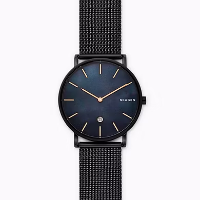 Hagen Slim Mother-of-Pearl Black Steel-Mesh Watch-SKW6472