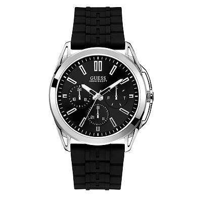 Gents Silver Tone Case Black Silicone Watch- W1177G3