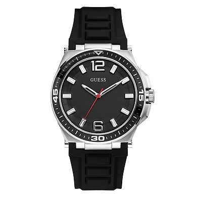 Gents Silver Tone Case Black Silicone Watch- W1253G1