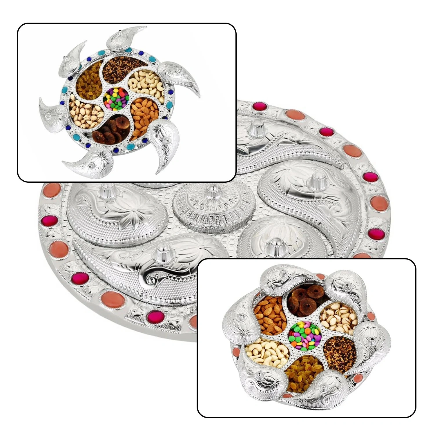 Muhoort Traditional Dry Fruits Box with 7 Compartments | Silver Embossed Design-5