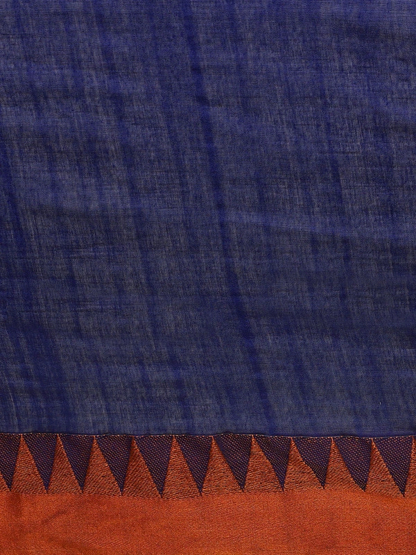 Blue &amp; Orange Bengal Handloom Solid Taant Saree-https://i.postimg.cc/J4VWWkB7/5.jpg-Orange &amp; Royal Blue-6.3 m-2