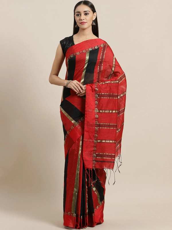 Red &amp; Black Striped Bengal Handloom Taant Saree-AC-PNT-SAR-FBSRMH012