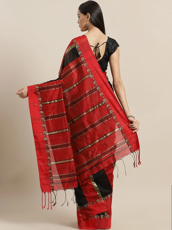 Red &amp; Black Striped Bengal Handloom Taant Saree-https://i.postimg.cc/Mpn0bvdR/5.jpg-Black &amp;Red-6.3 m-1