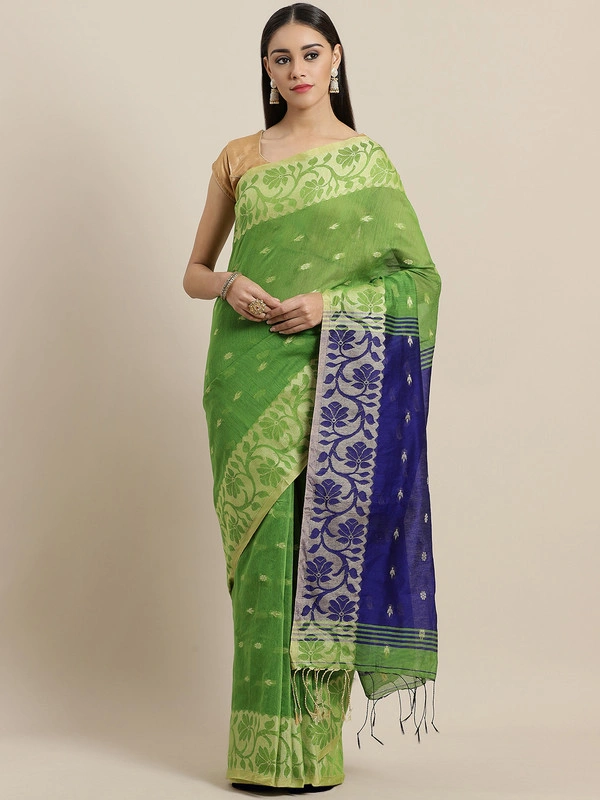 Green &amp; Beige Bengal Handloom Woven Design Taant Saree-AC-PNT-SAR-FBSRMH011