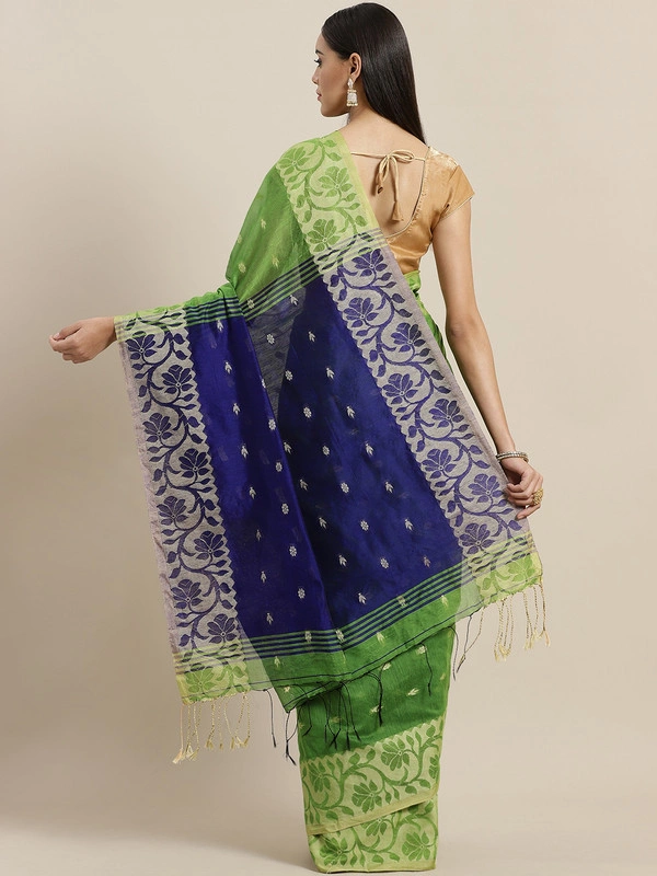 Green &amp; Beige Bengal Handloom Woven Design Taant Saree-https://i.postimg.cc/Y0c2VyHM/5.jpg-Green &amp;Blue-6.3 m-1