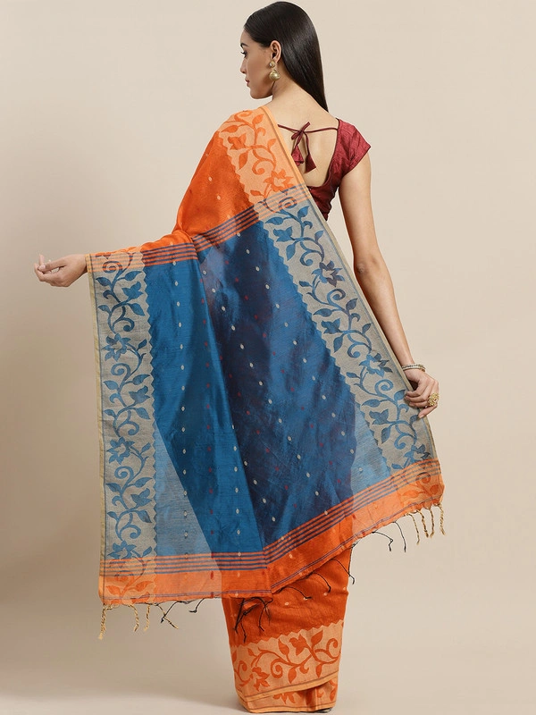 Orange Bengal Handloom Woven Design Taant Saree-https://i.postimg.cc/k5fYr1Y0/5.jpg-Peacock Blue &amp; Orange-6.3 m-1