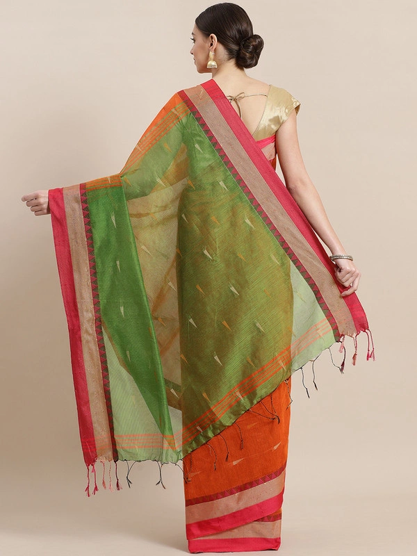 Orange &amp; Green Woven Design Taant Saree-https://i.postimg.cc/pT0dFHGs/5.jpg-Orange  &amp; Green-6.3 m-1