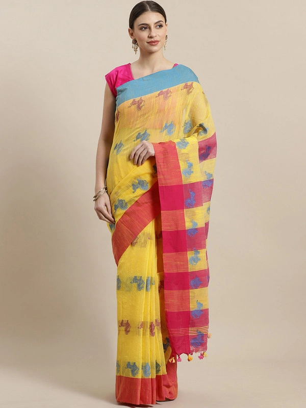 Yellow &amp; Navy Blue Handloom Woven Design Saree-AC-PNT-SAR-FBSRMH019