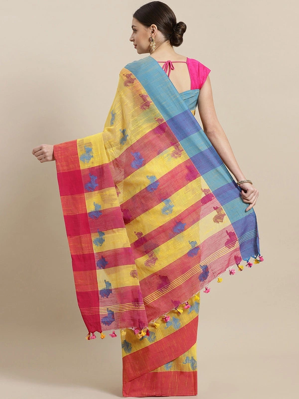 Yellow &amp; Navy Blue Handloom Woven Design Saree-https://i.postimg.cc/zXNJG3Gq/5.jpg-Yellow &amp; Pink-6.3 m-1