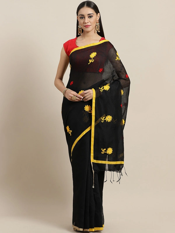 Black &amp; Yellow Embroidered Taant Saree-AC-PNT-SAR-FBSRMH027