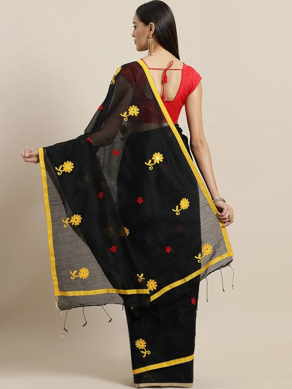 Black &amp; Yellow Embroidered Taant Saree-https://i.postimg.cc/qqvTVDTS/5.jpg-Black &amp; Yellow-6.3 m-1