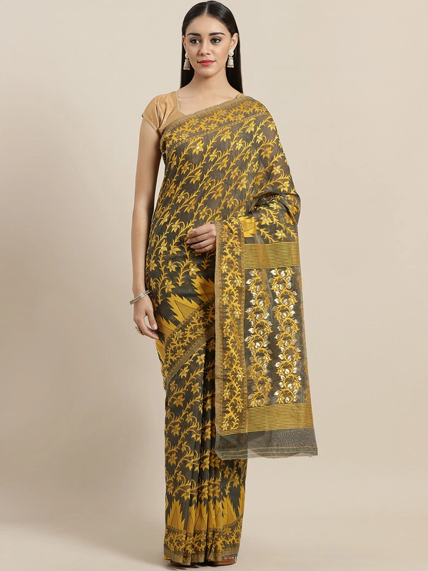 Charcoal Grey &amp; Yellow Handloom Woven Design Taant Saree-AC-PNT-SAR-FBSRMH023