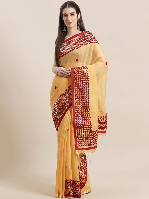 Cream-Coloured &amp; Maroon Mirror Work Handloom Taant Saree-AC-PNT-SAR-FBSRMH034