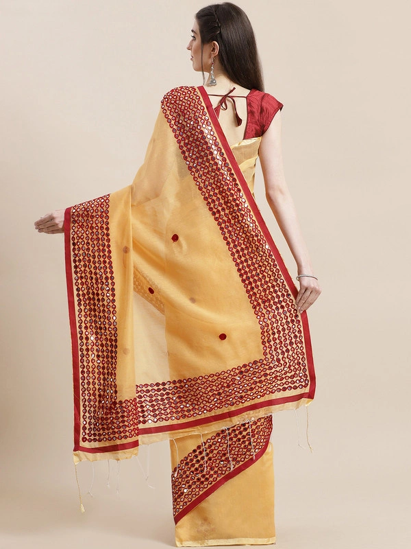 Cream-Coloured &amp; Maroon Mirror Work Handloom Taant Saree-https://i.postimg.cc/LskWvk1W/5.jpg-Off white &amp;Red-6.3 m-1