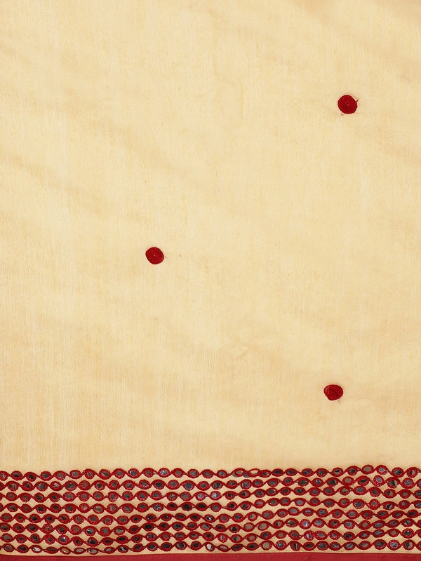 Cream-Coloured &amp; Maroon Mirror Work Handloom Taant Saree-https://i.postimg.cc/LskWvk1W/5.jpg-Off white &amp;Red-6.3 m-2