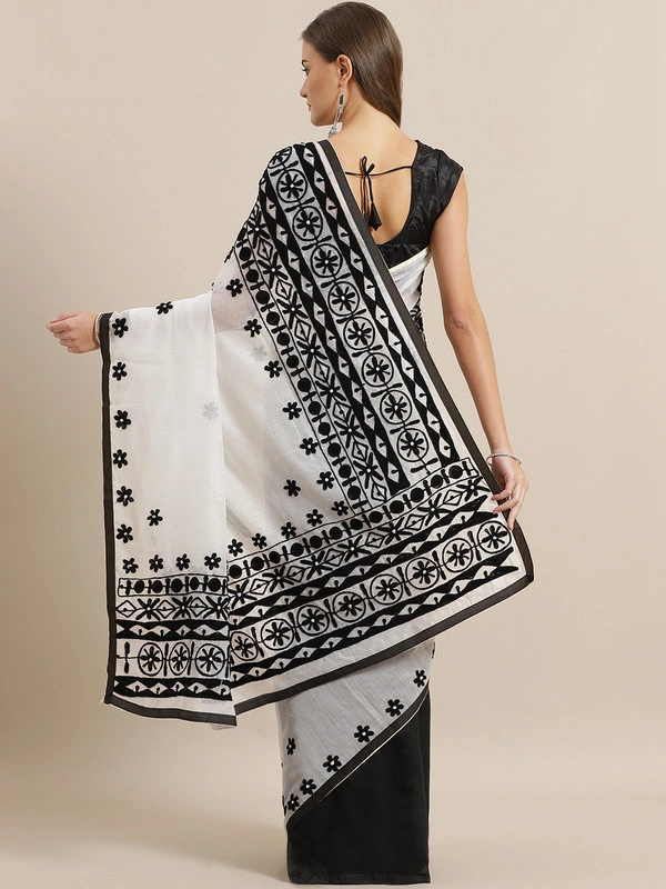 White &amp; Black Embroidered Handloom Taant Saree-https://i.postimg.cc/bwnYy572/6.jpg-White &amp; Black-6.3 m-1