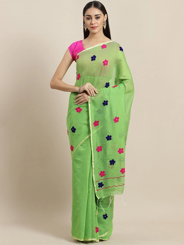 Green &amp; Navy Blue mbroidered Taant Saree-AC-PNT-SAR-FBSRMH030