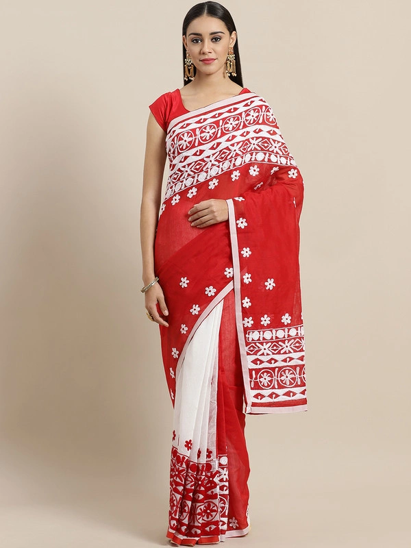 Red &amp; White Phulkari Embroidered Taant Handloom Saree-AC-PNT-SAR-FBSRMH039