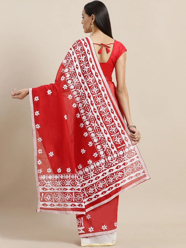 Red &amp; White Phulkari Embroidered Taant Handloom Saree-https://i.postimg.cc/kgNrhdrw/5.jpg-Red &amp; White-6.3 m-1