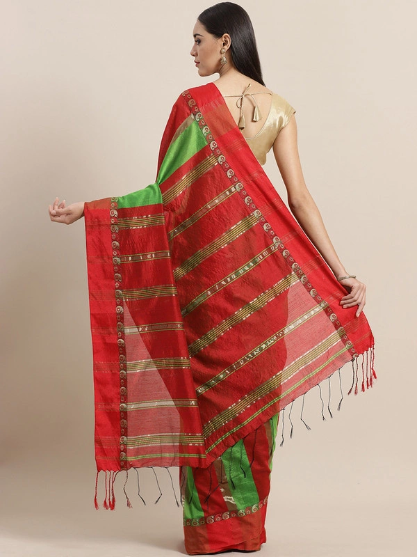 Red &amp; Green Handloom Striped Taant Saree-https://i.postimg.cc/prW2VXD0/5.jpg-Red &amp; Green-6.3 m-1