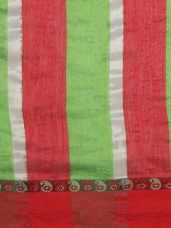 Red &amp; Green Handloom Striped Taant Saree-https://i.postimg.cc/prW2VXD0/5.jpg-Red &amp; Green-6.3 m-2