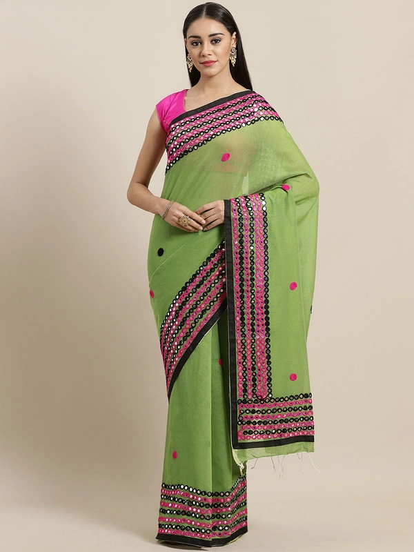 Green &amp; Pink Handloom Embroidered Taant Saree-AC-PNT-SAR-FBSRMH035