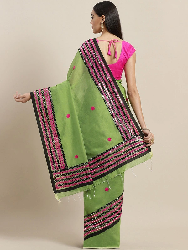 Green &amp; Pink Handloom Embroidered Taant Saree-https://i.postimg.cc/Jz5g5cJ2/5.jpg-Green &amp; Pink-6.3 m-1