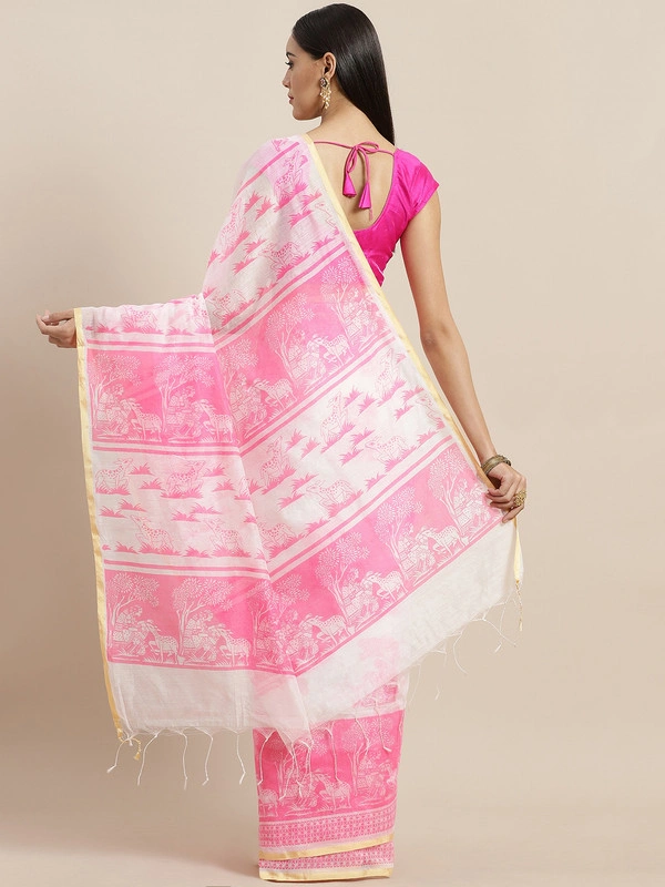 White &amp; Pink Handloom Printed Taant Saree-White &amp; Pink-6.3 m-1