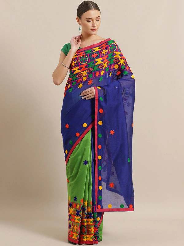 Blue &amp; Green Embroidered Handloom Taant Saree-AC-PNT-SAR-FBSRMH036