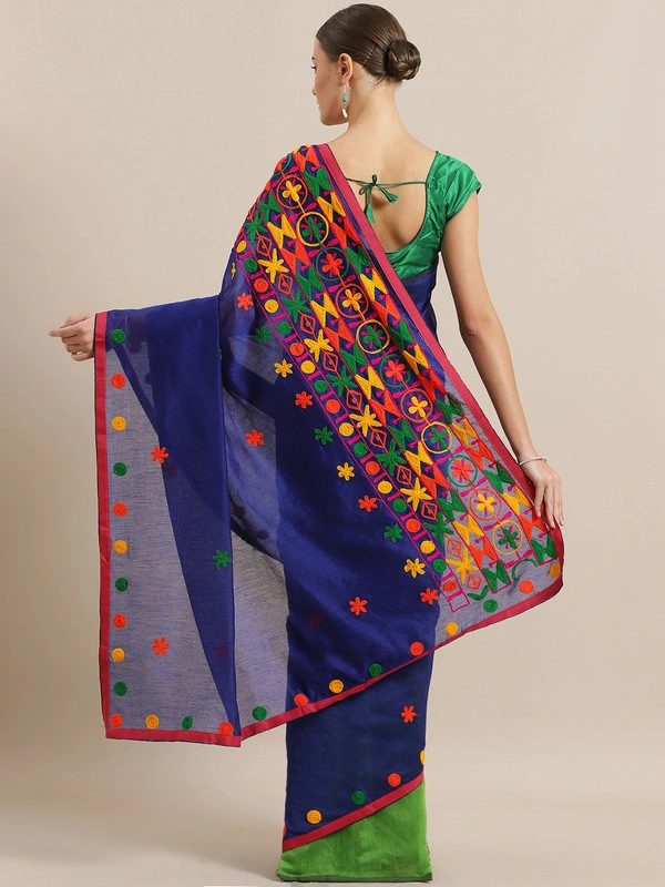 Blue &amp; Green Embroidered Handloom Taant Saree-https://i.postimg.cc/wB3VRhkJ/6.jpg-Green &amp; Blue-6.3 m-1