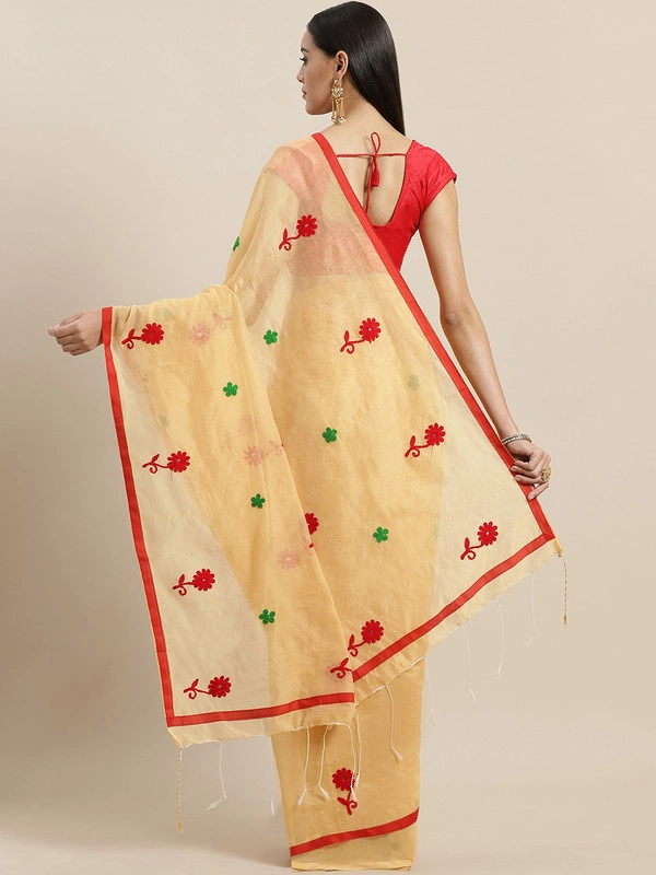 Yellow &amp; Red Bengal Handloom Embroidered Taant Saree-Off white &amp;Red-6.3 m-1