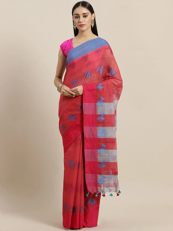 Pink &amp; Blue Bengal Handloom Woven Design Taant Saree-AC-PNT-SAR-FBSRMH025