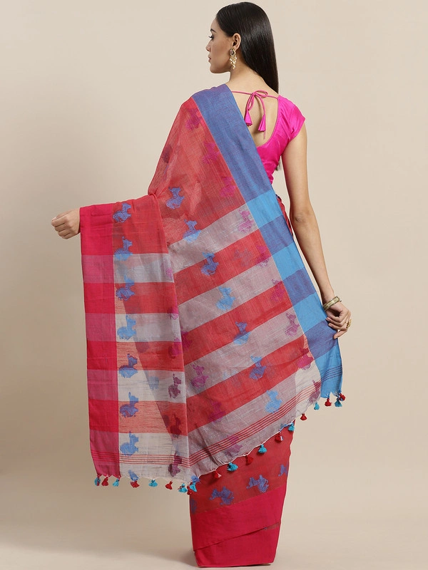 Pink &amp; Blue Bengal Handloom Woven Design Taant Saree-https://i.postimg.cc/gkyvBMJm/5.jpg-Red &amp; Grey-6.3 m-1