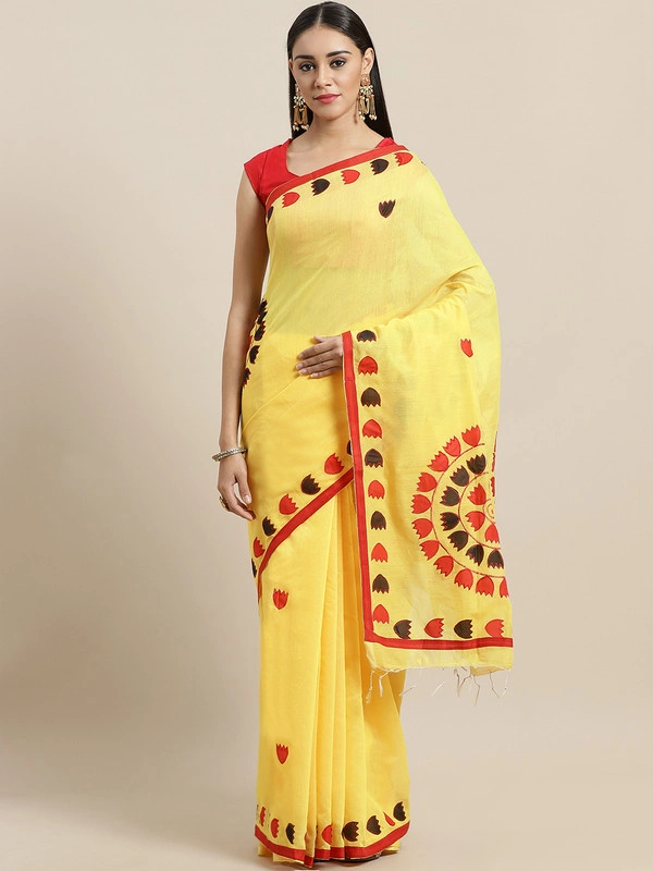 Yellow &amp; Red Bengal Handloom Solid Taant Saree-AC-PNT-SAR-FBSRMH032