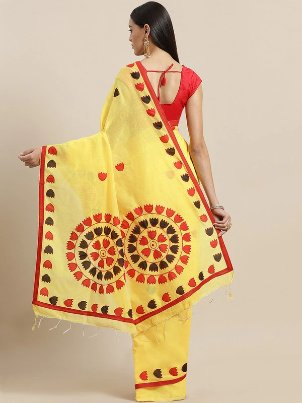 Yellow &amp; Red Bengal Handloom Solid Taant Saree-https://i.postimg.cc/SKY58FSm/5.jpg-Yellow &amp;Red-6.3 m-1