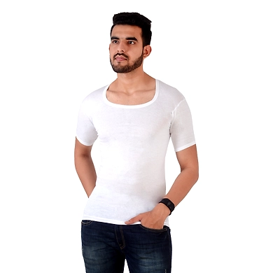 HMTEX KAMAL FINE REGULAR WHITE VEST RNS WITH SLEVES ( PACK OF 10 )-PRDT23-80