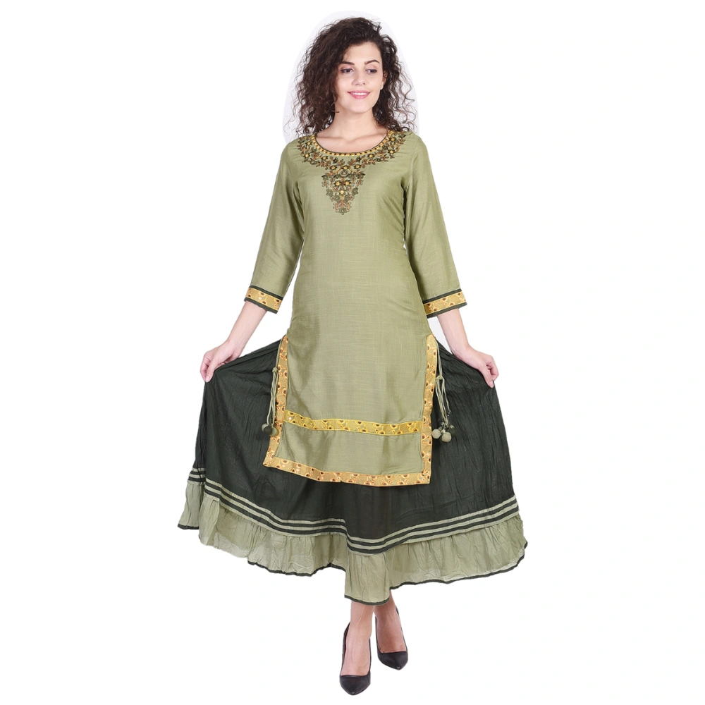 Vihaan Impex Jaipuri Designer  Tunic Long Rayon Double Layered Women Dress Partywear Kurti for Women-M-Green-1