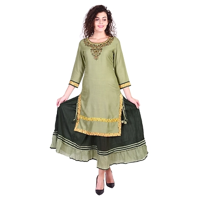Vihaan Impex Jaipuri Designer  Tunic Long Rayon Double Layered Women Dress Partywear Kurti for Women-M-Green-1