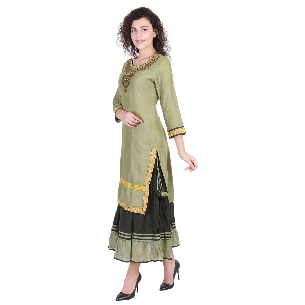 Vihaan Impex Jaipuri Designer  Tunic Long Rayon Double Layered Women Dress Partywear Kurti for Women-M-Green-2