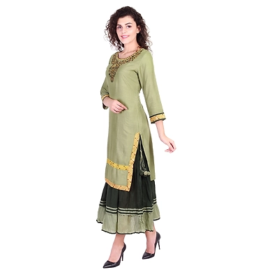 Vihaan Impex Jaipuri Designer  Tunic Long Rayon Double Layered Women Dress Partywear Kurti for Women-Green-XL-2